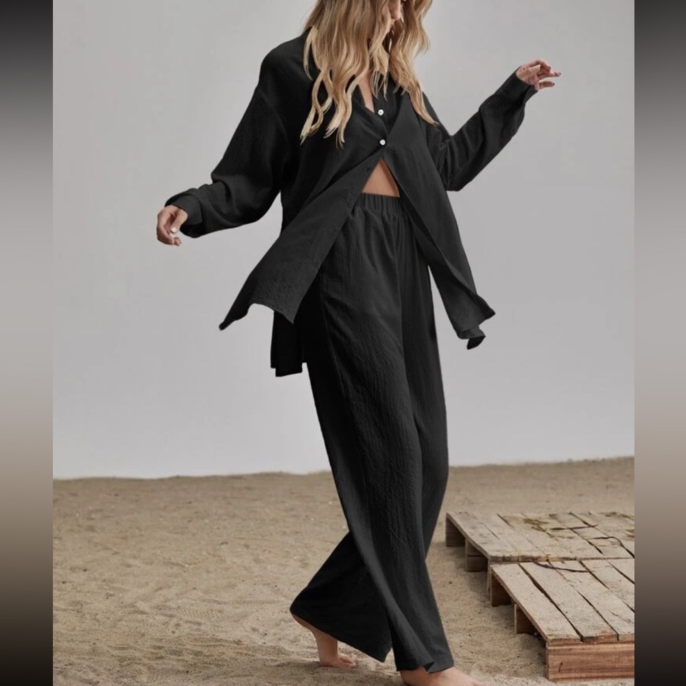 Shirt Pants 2 PC SET wide leg loose button collar spring summer womens black